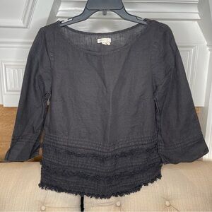 Bh:  Anthropologie Meadow Rue Boho Round Neck Fringe Bottom Linen Black Top Sz S